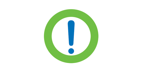 Green Servus circle with a blue exclamation point inside it. Used for member notices and alerts.
